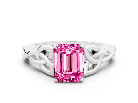 White gold Emerald Cut Pink Sapphire Solitaire Celtic Knot Ring with Four-Prong Setting_24