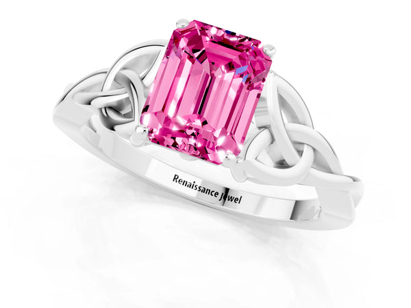 Silver Emerald Cut Pink Sapphire Solitaire Celtic Knot Ring with Four-Prong Setting