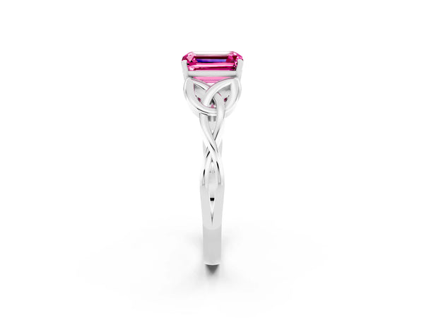White gold Emerald Cut Pink Sapphire Solitaire Celtic Knot Ring with Four-Prong Setting