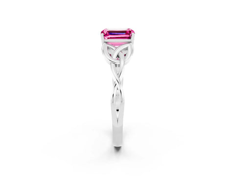 White gold Emerald Cut Pink Sapphire Solitaire Celtic Knot Ring with Four-Prong Setting_26