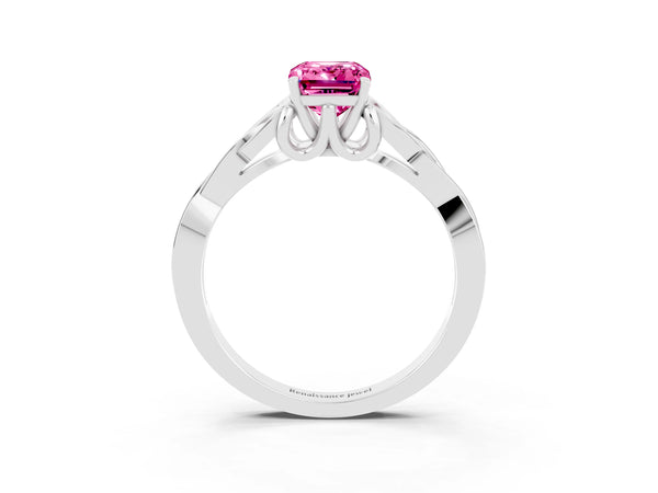 White gold Emerald Cut Pink Sapphire Solitaire Celtic Knot Ring with Four-Prong Setting