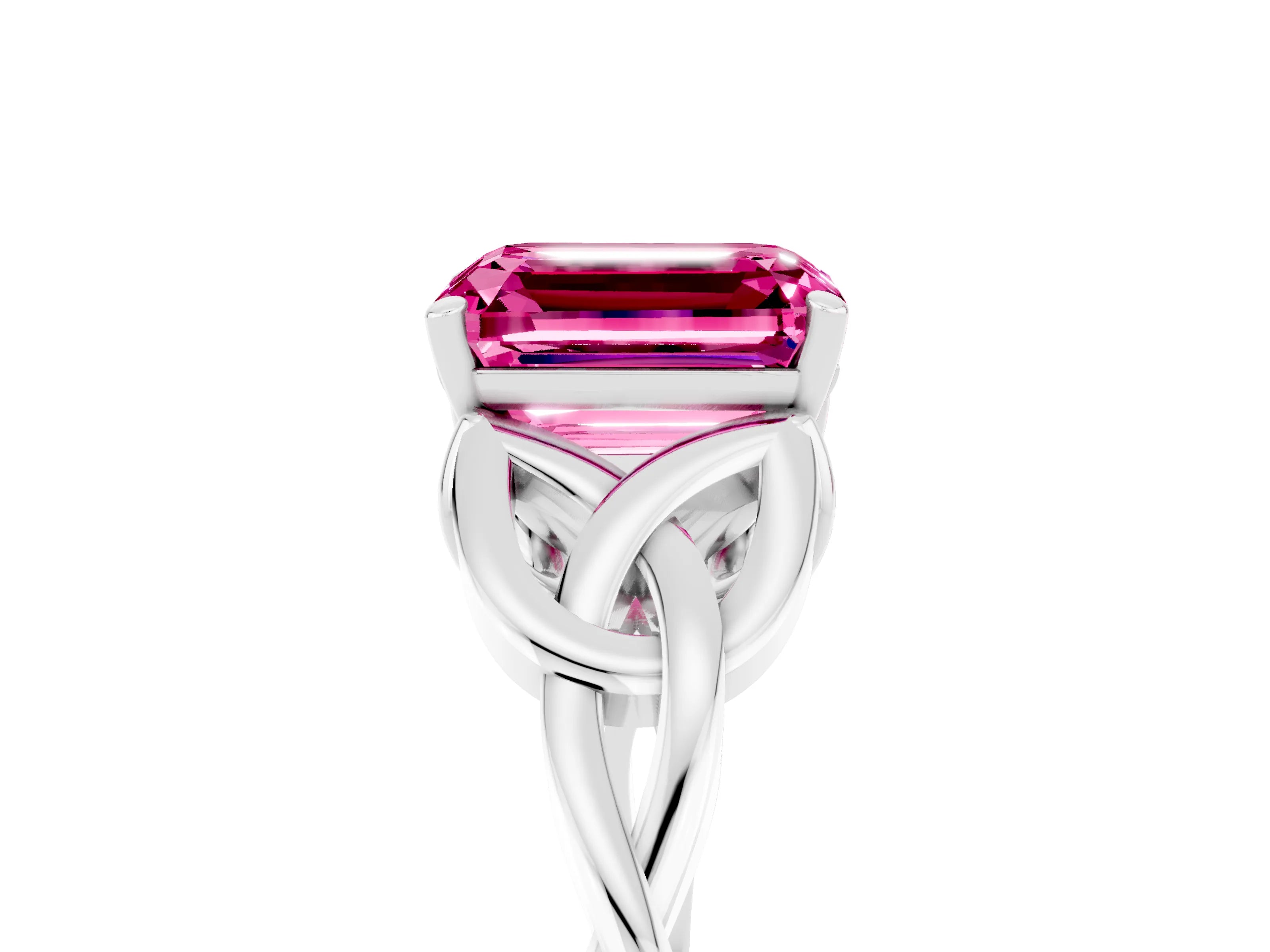 White gold Emerald Cut Pink Sapphire Solitaire Celtic Knot Ring with Four-Prong Setting_29