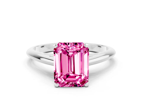 White gold Emerald Cut Pink Sapphire Solitaire Engagement Ring with Cathedral Setting and Four-Prong Mount_12