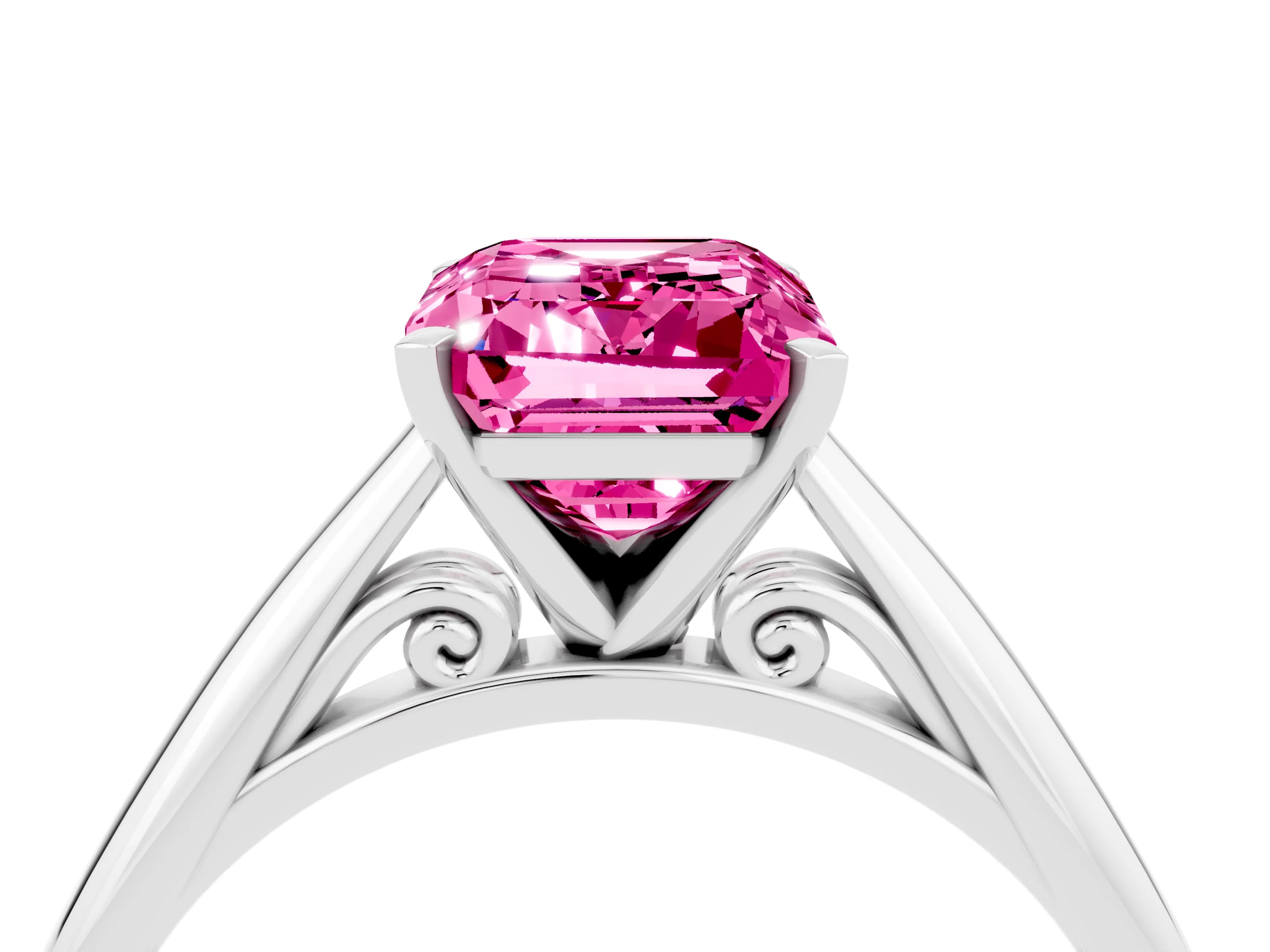 White gold Emerald Cut Pink Sapphire Solitaire Engagement Ring with Cathedral Setting and Four-Prong Mount_16