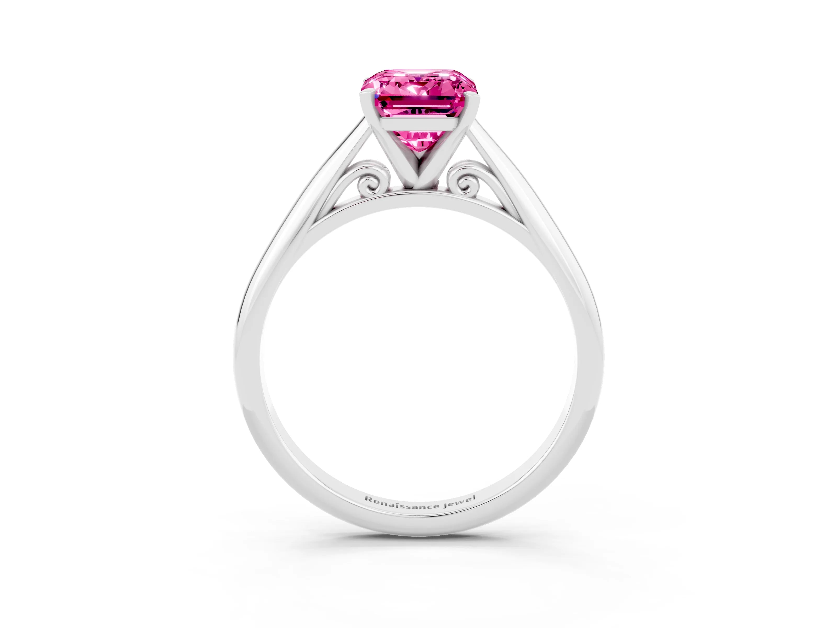 White gold Emerald Cut Pink Sapphire Solitaire Engagement Ring with Cathedral Setting and Four-Prong Mount_27