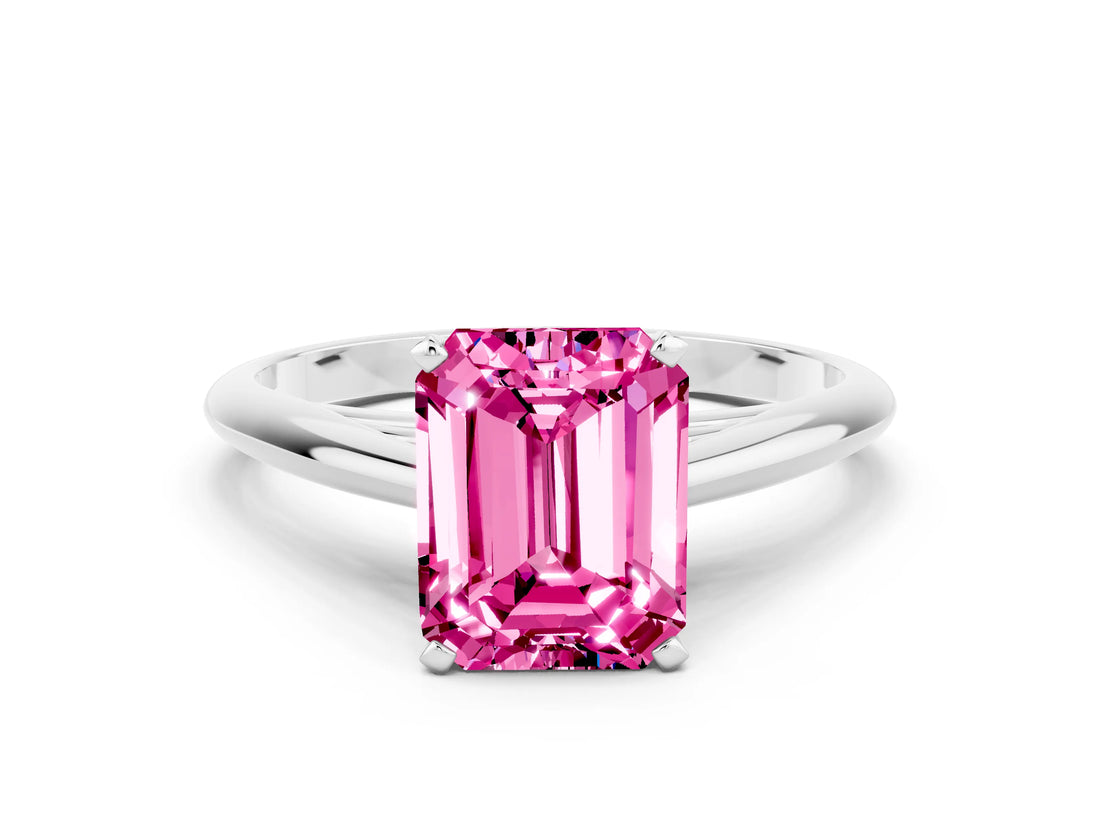 White gold Emerald Cut Pink Sapphire Solitaire Engagement Ring with Cathedral Setting and Four-Prong Mount_96