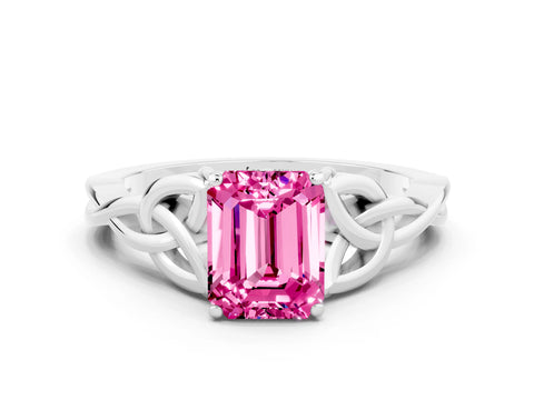 White gold Emerald Cut Pink Sapphire Solitaire Engagement Ring with Celtic Knot Band and Four-Prong Setting_24