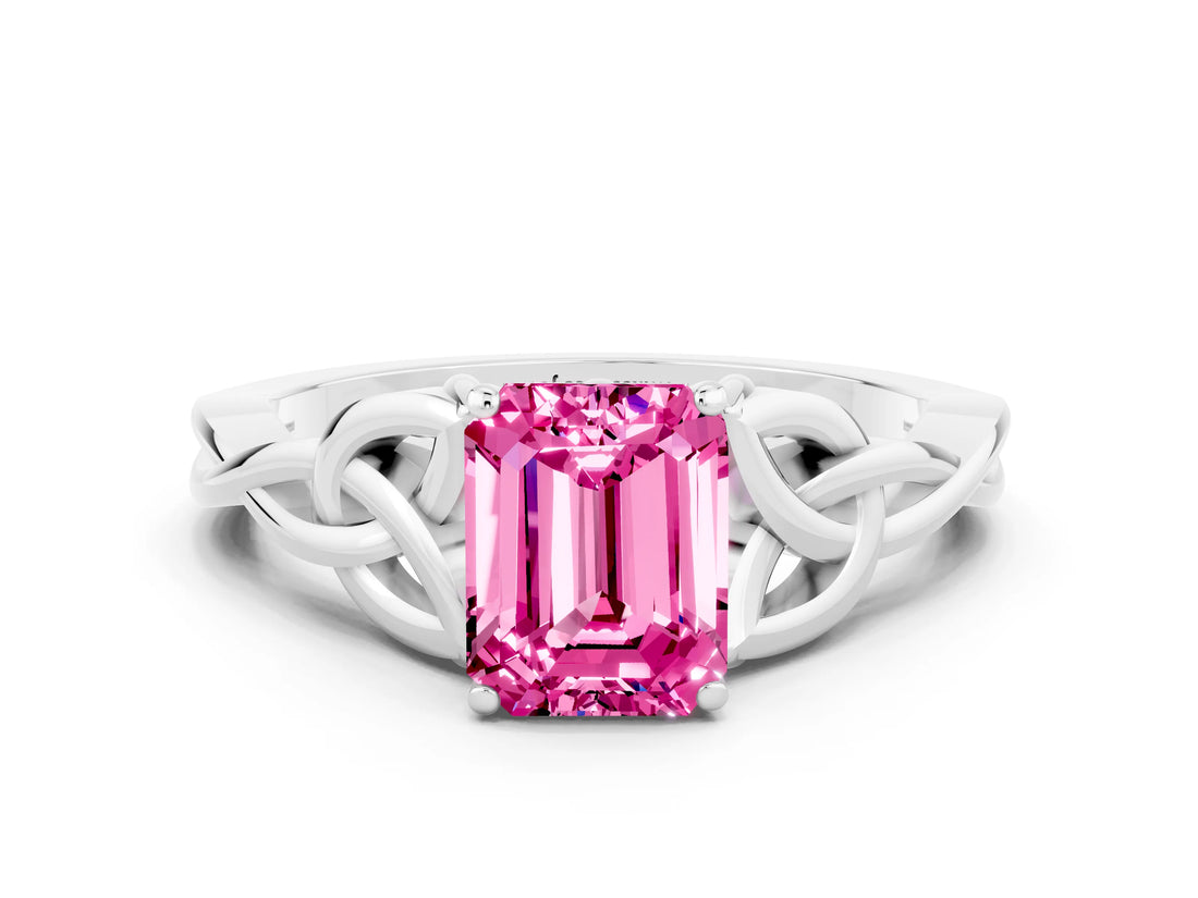 White gold Emerald Cut Pink Sapphire Solitaire Engagement Ring with Celtic Knot Band and Four-Prong Setting_24