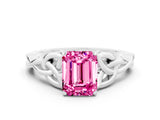 White gold Emerald Cut Pink Sapphire Solitaire Engagement Ring with Celtic Knot Band and Four-Prong Setting_24