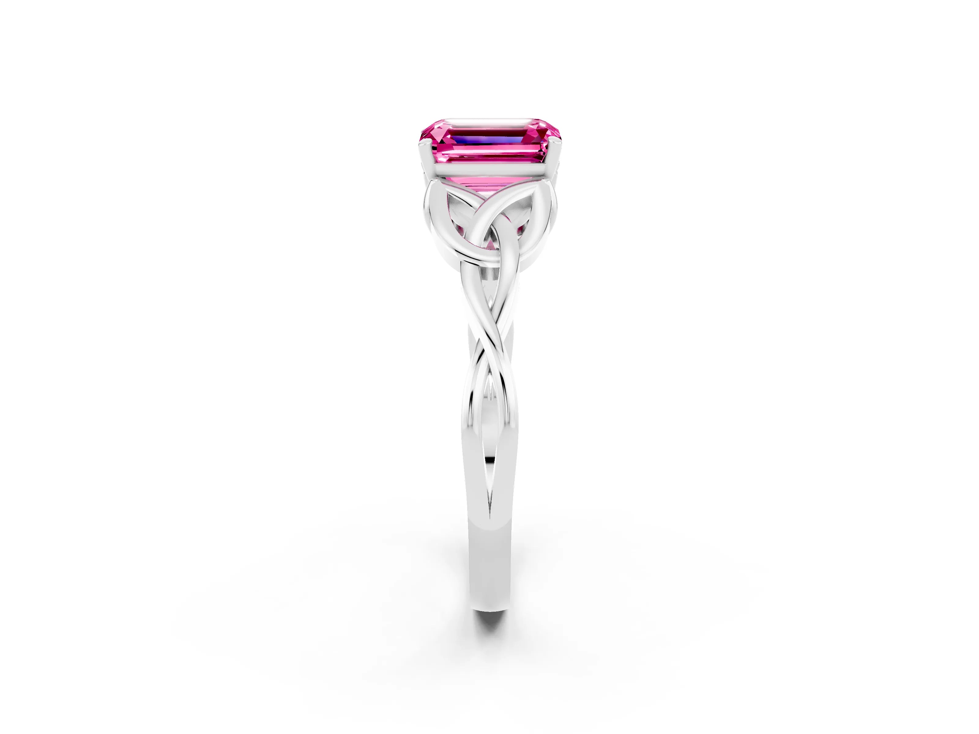 White gold Emerald Cut Pink Sapphire Solitaire Engagement Ring with Celtic Knot Band and Four-Prong Setting_26