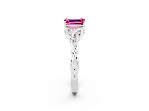 White gold Emerald Cut Pink Sapphire Solitaire Engagement Ring with Celtic Knot Band and Four-Prong Setting_26