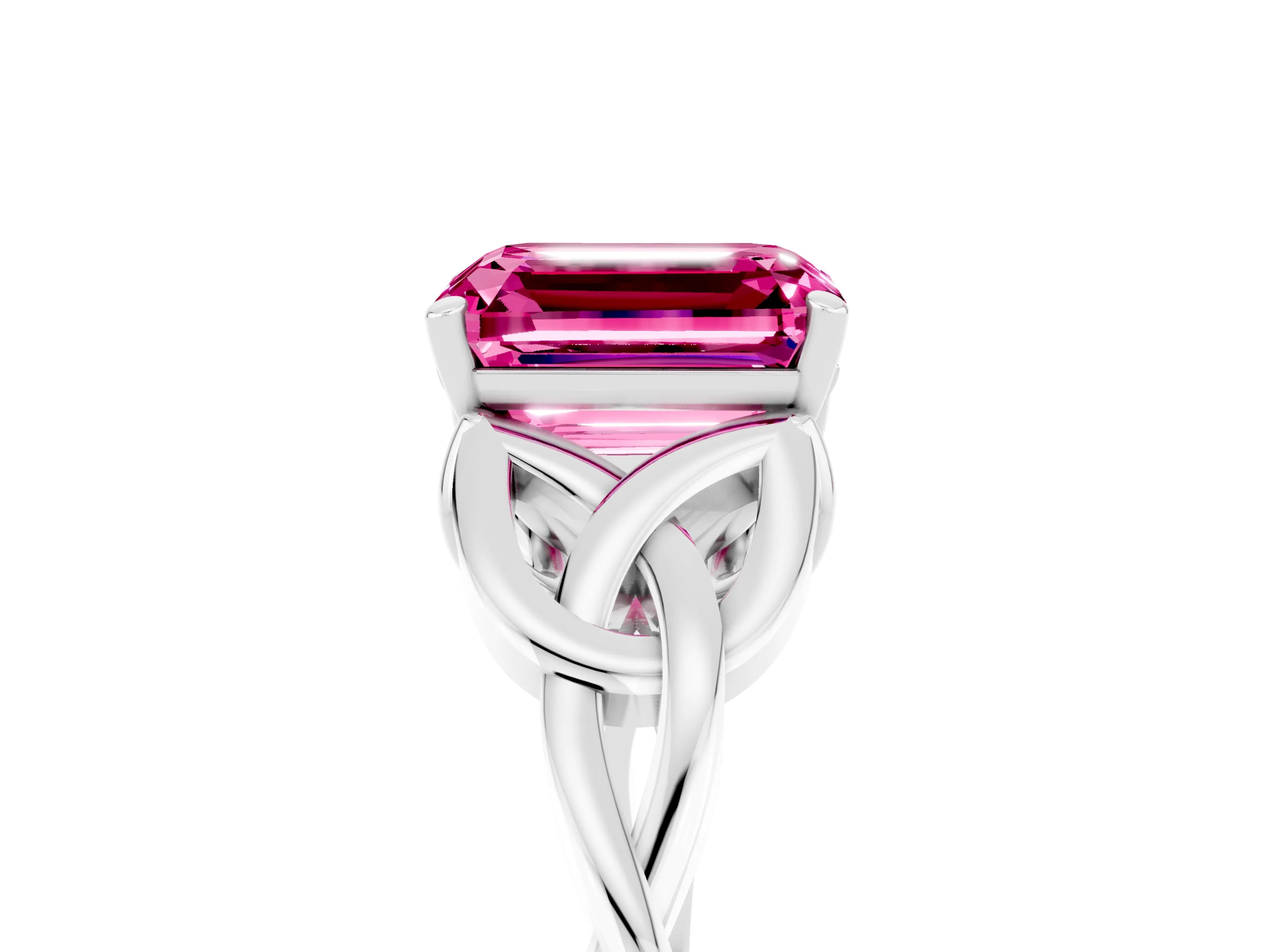 White gold Emerald Cut Pink Sapphire Solitaire Engagement Ring with Celtic Knot Band and Four-Prong Setting_29