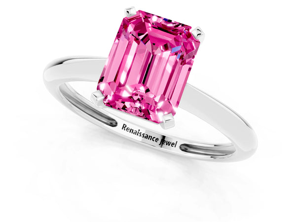 White gold Emerald Cut Pink Sapphire Solitaire Engagement Ring with Classic Band and Four-Prong Setting
