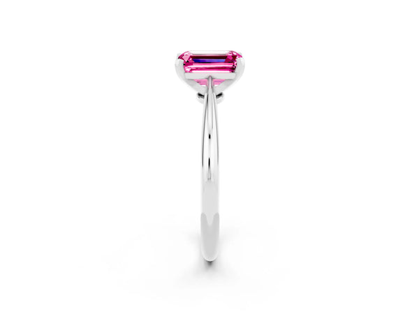 White gold Emerald Cut Pink Sapphire Solitaire Engagement Ring with Classic Band and Four-Prong Setting