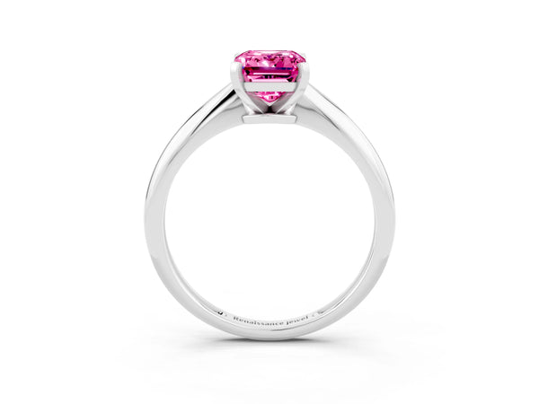 White gold Emerald Cut Pink Sapphire Solitaire Engagement Ring with Classic Band and Four-Prong Setting