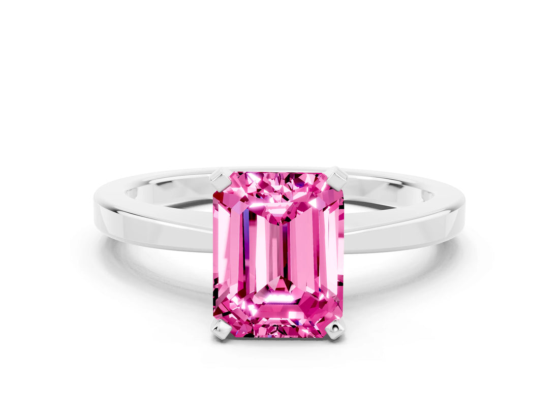 White gold Emerald Cut Pink Sapphire Solitaire Engagement Ring with Classic Band and Four-Prong Setting_60