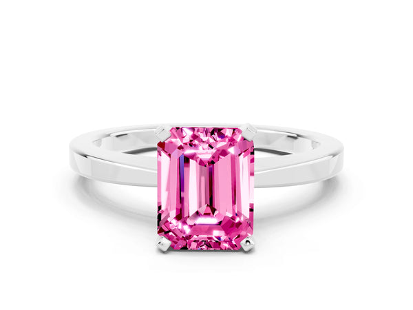 Platinum Emerald Cut Pink Sapphire Solitaire Engagement Ring with Classic Band and Four-Prong Setting