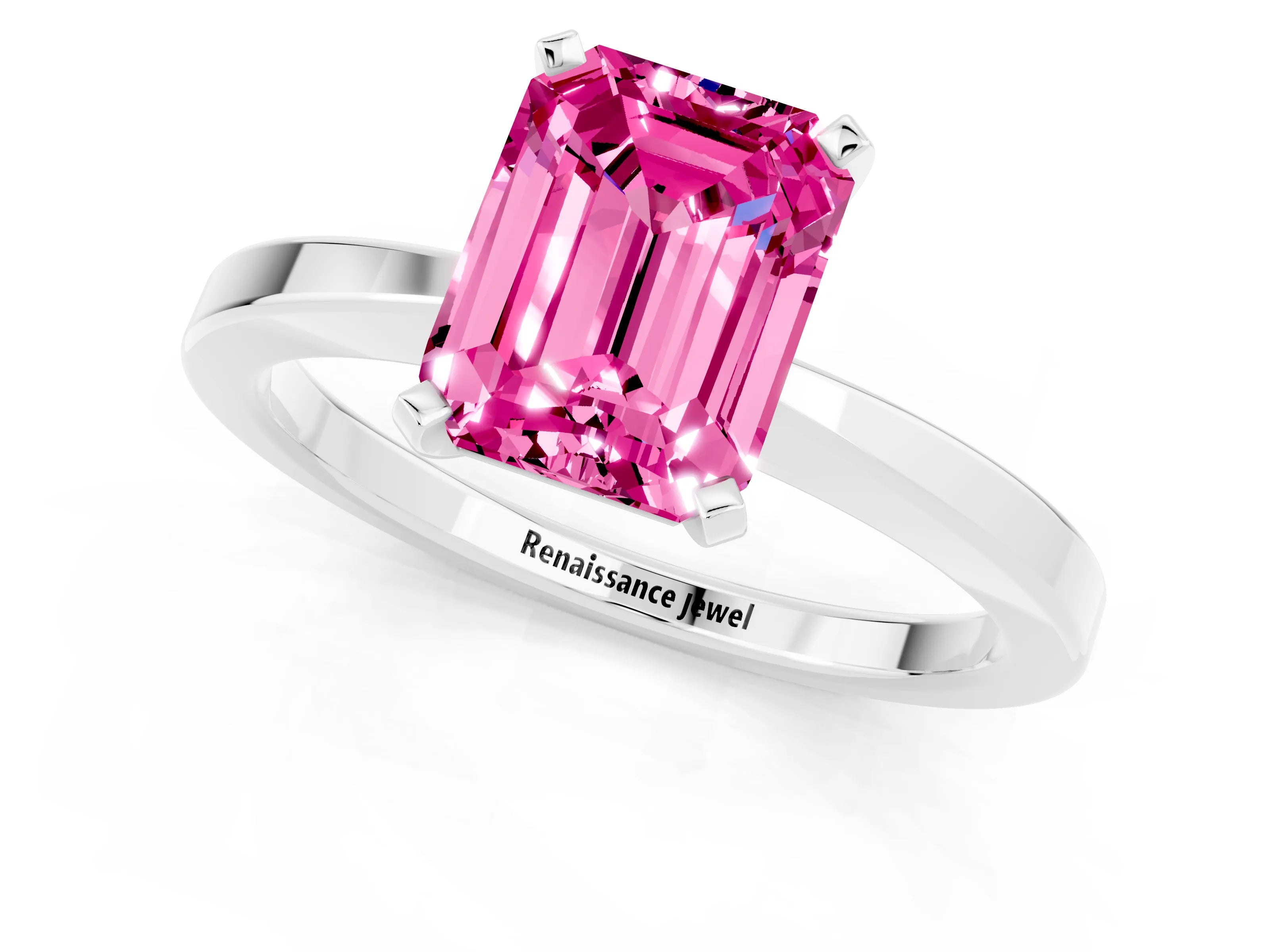 White gold Emerald Cut Pink Sapphire Solitaire Engagement Ring with Classic Band and Four-Prong Setting_61