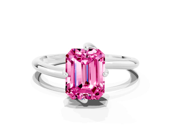 White gold Emerald Cut Pink Sapphire Solitaire Engagement Ring with Four-Prong Setting and Classic Band
