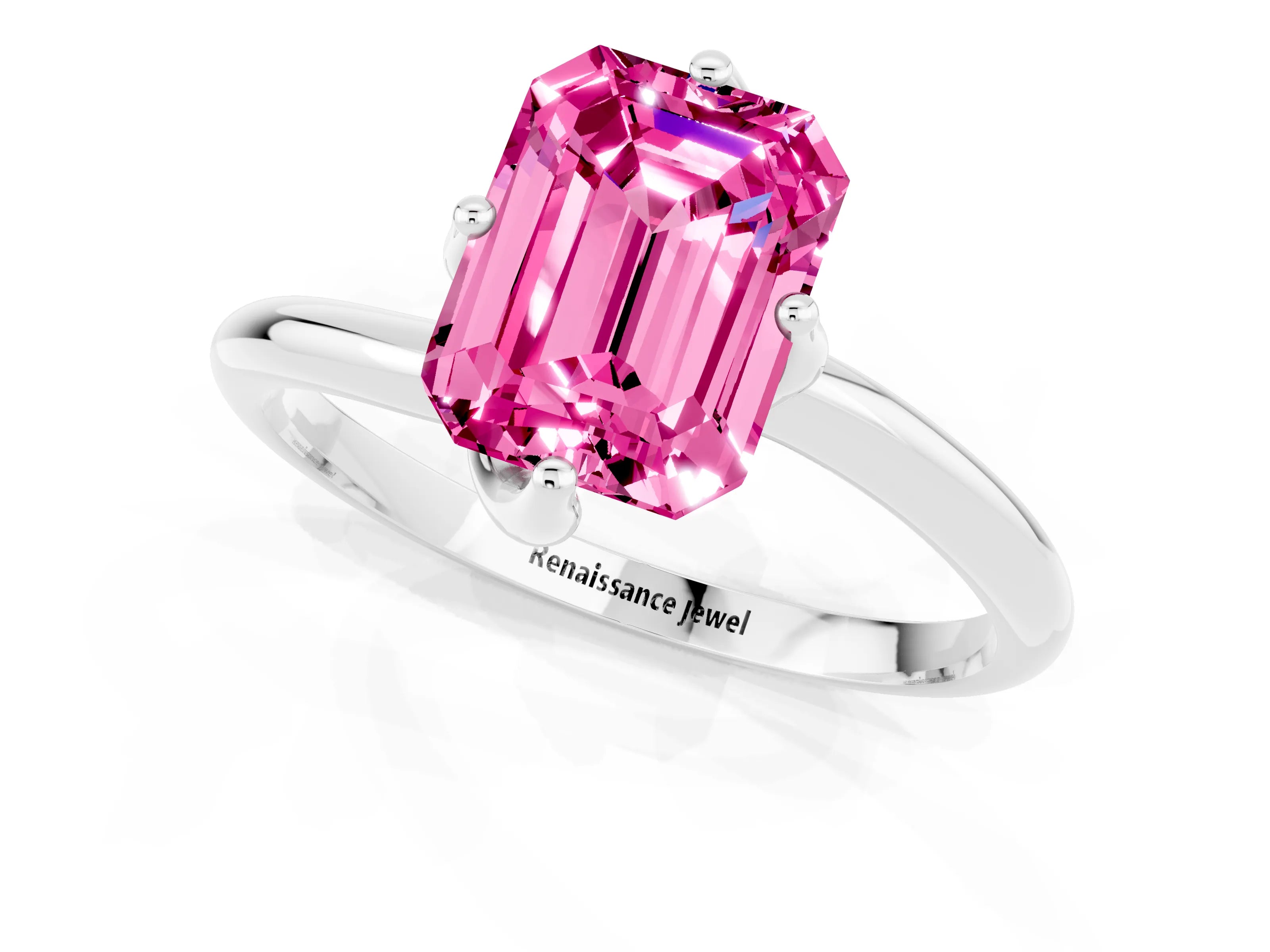 White gold Emerald Cut Pink Sapphire Solitaire Engagement Ring with Four-Prong Setting and Classic Band_13