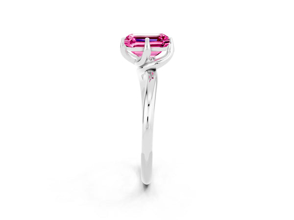 White gold Emerald Cut Pink Sapphire Solitaire Engagement Ring with Four-Prong Setting and Classic Band