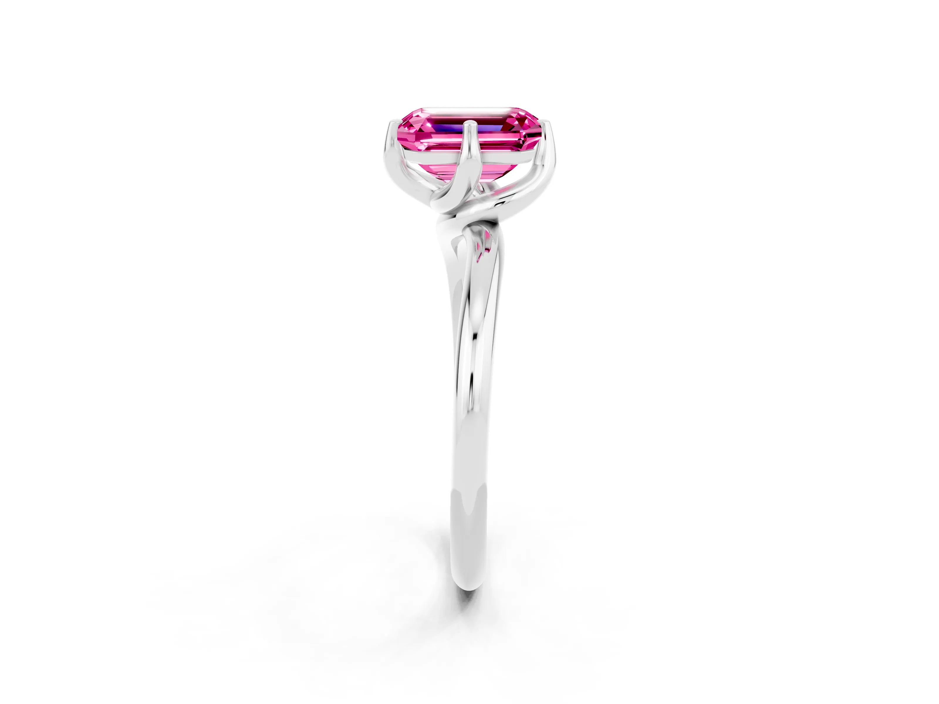 White gold Emerald Cut Pink Sapphire Solitaire Engagement Ring with Four-Prong Setting and Classic Band_14