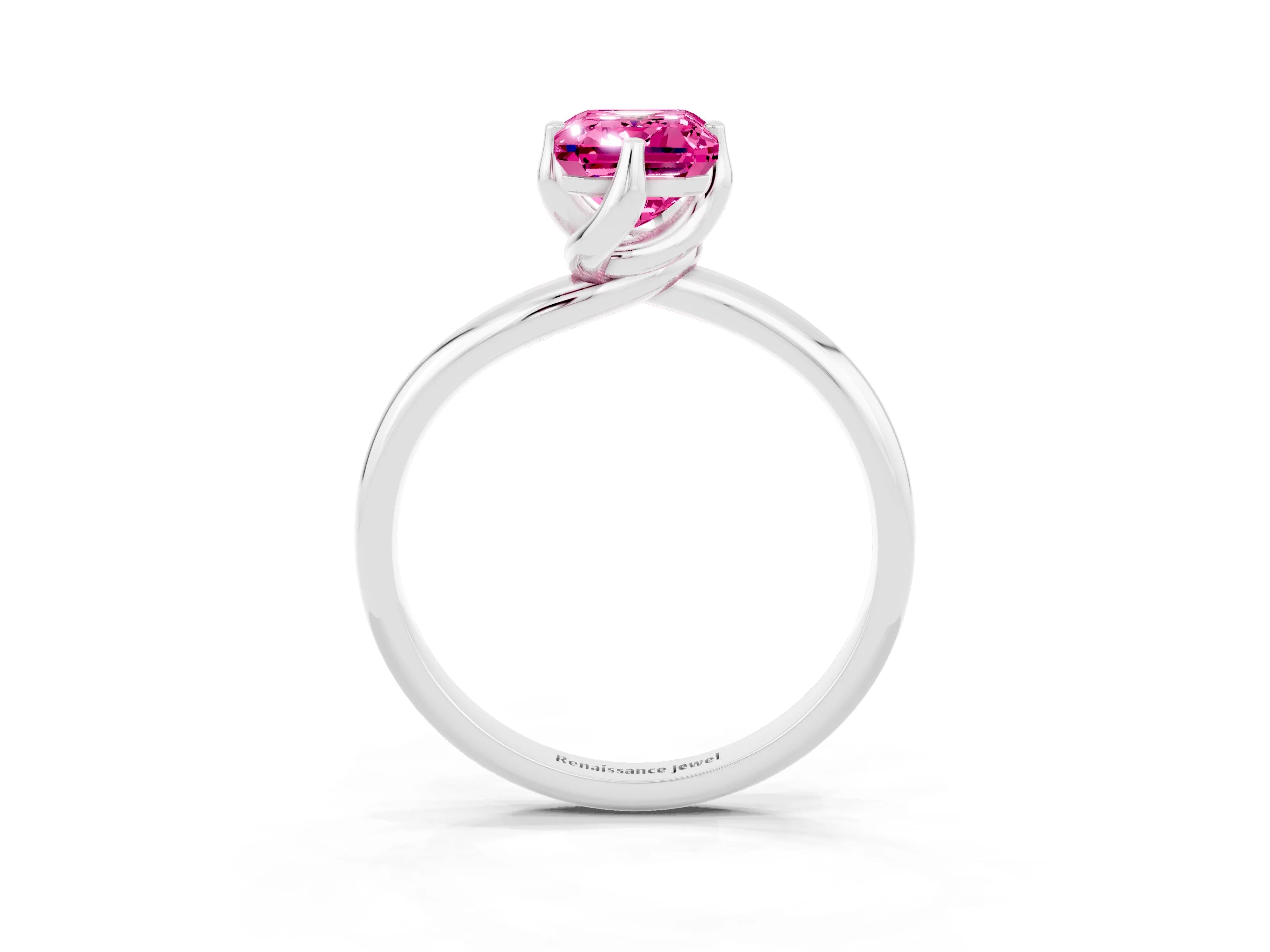 White gold Emerald Cut Pink Sapphire Solitaire Engagement Ring with Four-Prong Setting and Classic Band_15