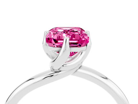 White gold Emerald Cut Pink Sapphire Solitaire Engagement Ring with Four-Prong Setting and Classic Band_16