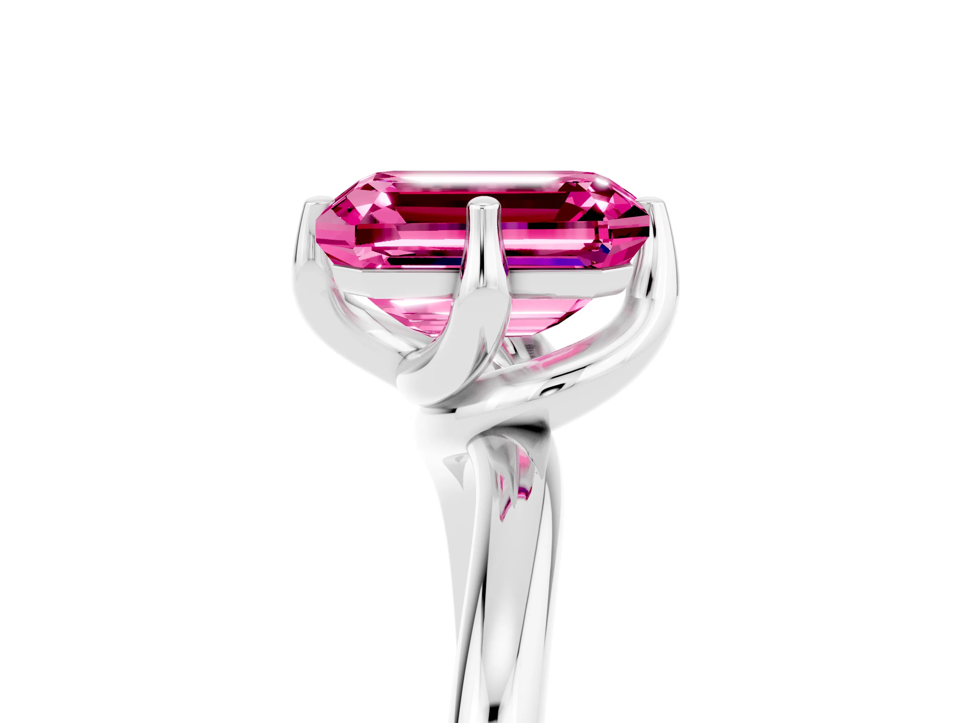 White gold Emerald Cut Pink Sapphire Solitaire Engagement Ring with Four-Prong Setting and Classic Band_17