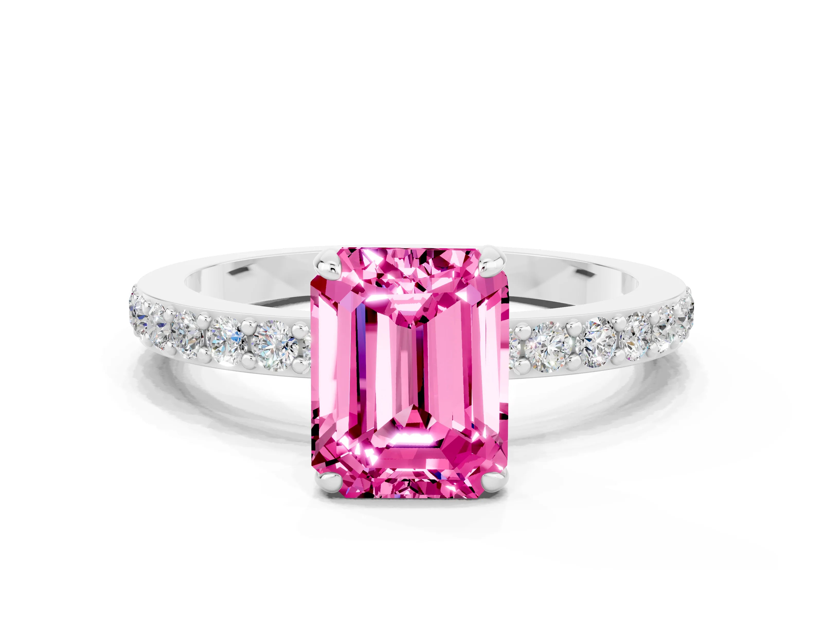 White gold Emerald Cut Pink Sapphire Solitaire Engagement Ring with Pavé Band and Four-Prong Setting_24