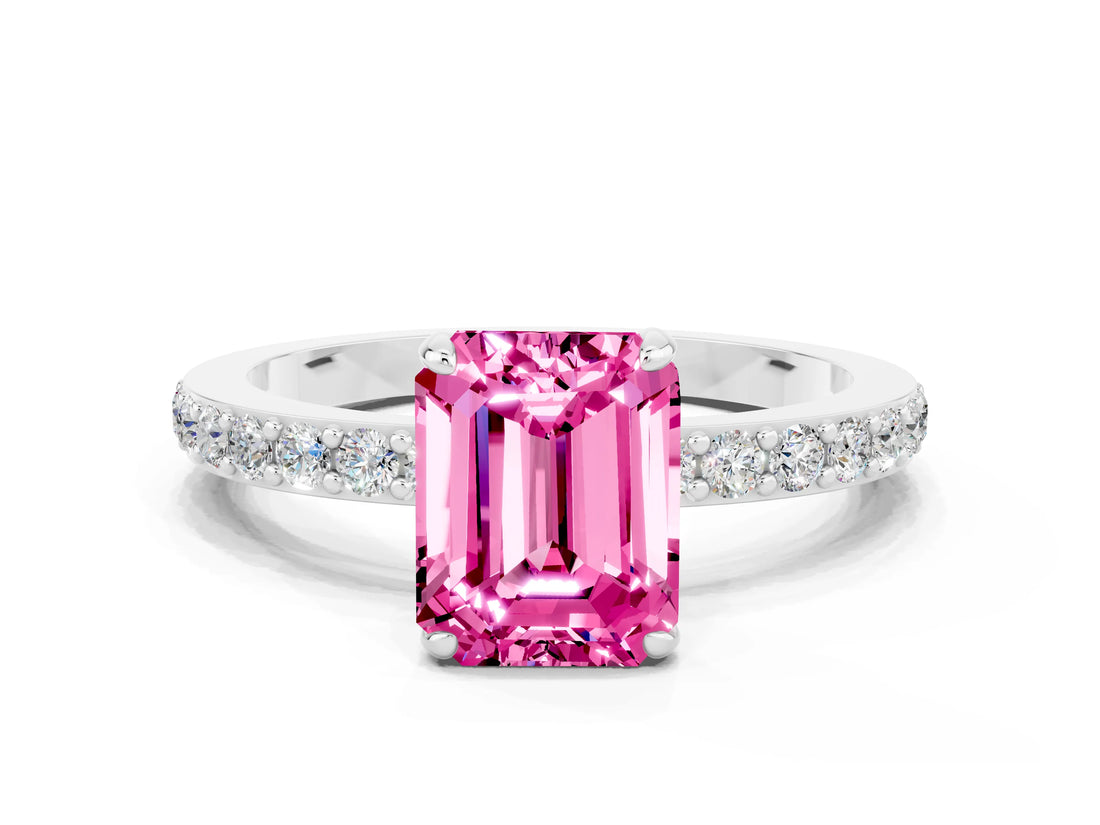 White gold Emerald Cut Pink Sapphire Solitaire Engagement Ring with Pavé Band and Four-Prong Setting_24