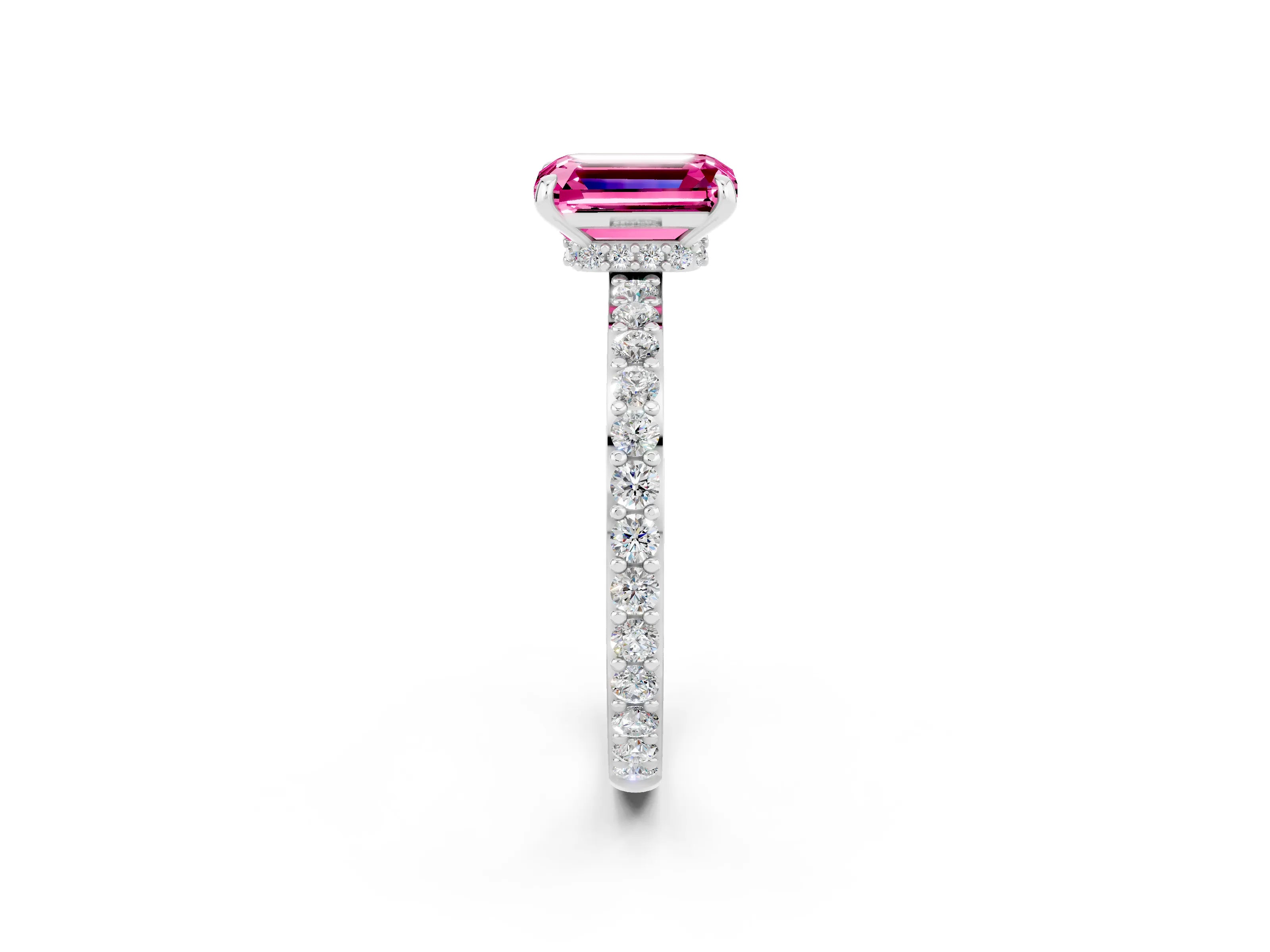White gold Emerald Cut Pink Sapphire Solitaire Engagement Ring with Pavé Band and Four-Prong Setting_26
