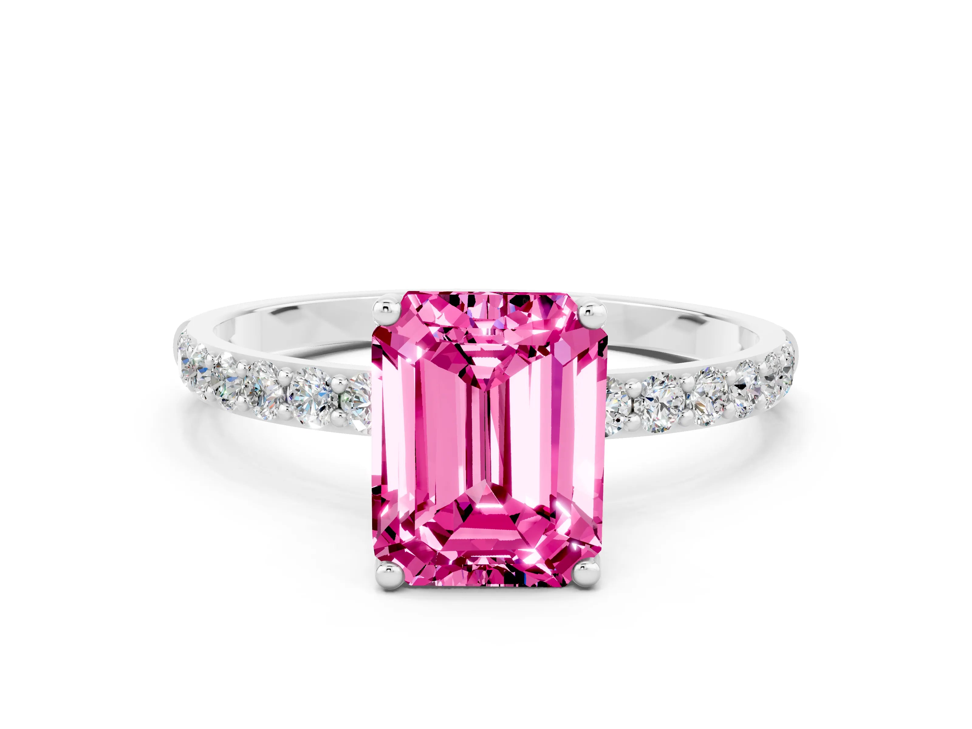 White gold Emerald Cut Pink Sapphire Solitaire Engagement Ring with Pavé Band and Prong Setting