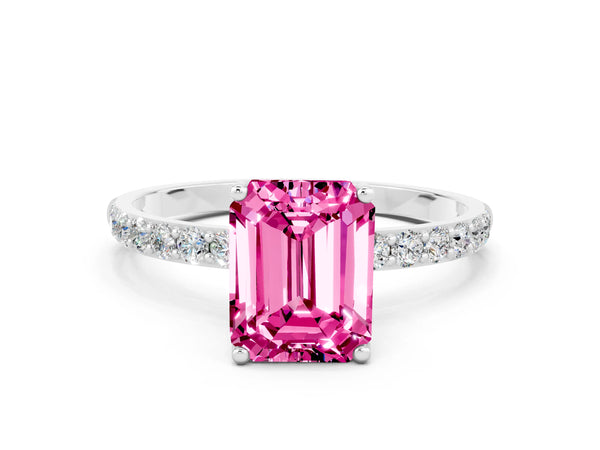Platinum Emerald Cut Pink Sapphire Solitaire Engagement Ring with Round  Pavé Band and Prong Setting