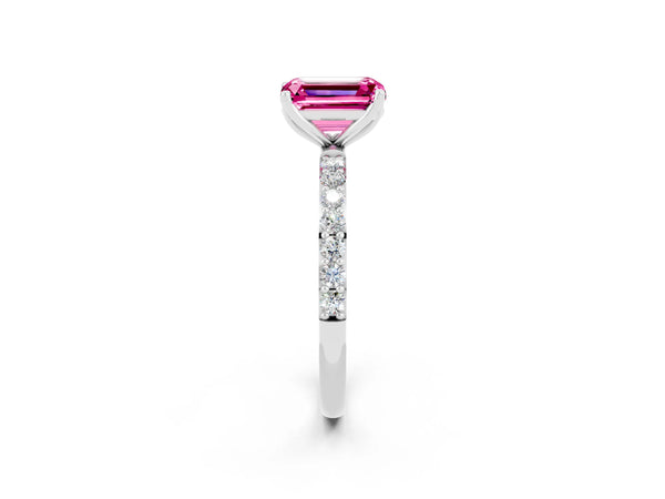 Platinum Emerald Cut Pink Sapphire Solitaire Engagement Ring with Round  Pavé Band and Prong Setting