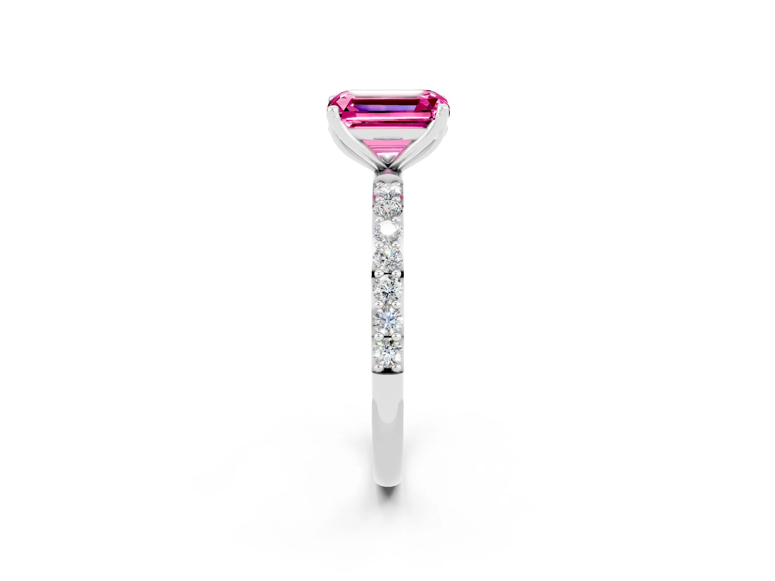 White gold Emerald Cut Pink Sapphire Solitaire Engagement Ring with Pavé Band and Prong Setting_2