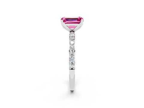 White gold Emerald Cut Pink Sapphire Solitaire Engagement Ring with Pavé Band and Prong Setting_2