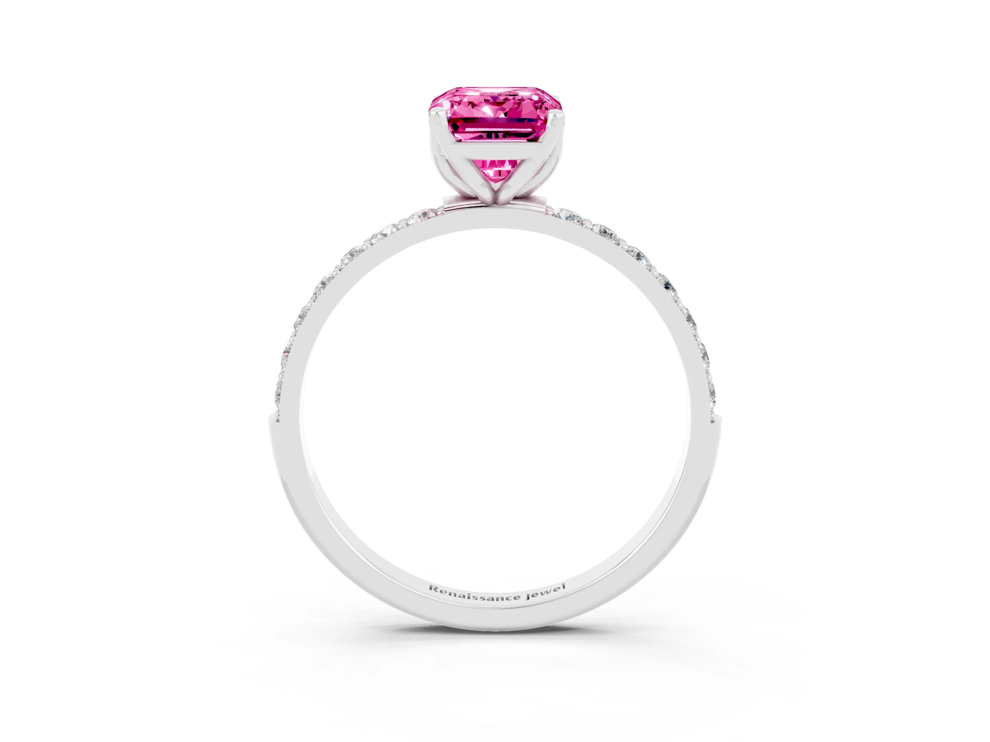 White gold Emerald Cut Pink Sapphire Solitaire Engagement Ring with Pavé Band and Prong Setting_3