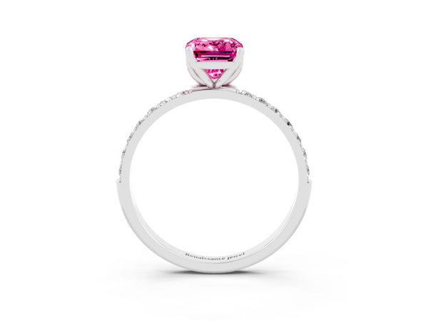 White gold Emerald Cut Pink Sapphire Solitaire Engagement Ring with Round  Pavé Band and Prong Setting