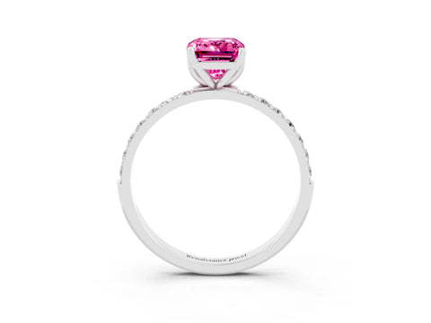 White gold Emerald Cut Pink Sapphire Solitaire Engagement Ring with Pavé Band and Prong Setting_3