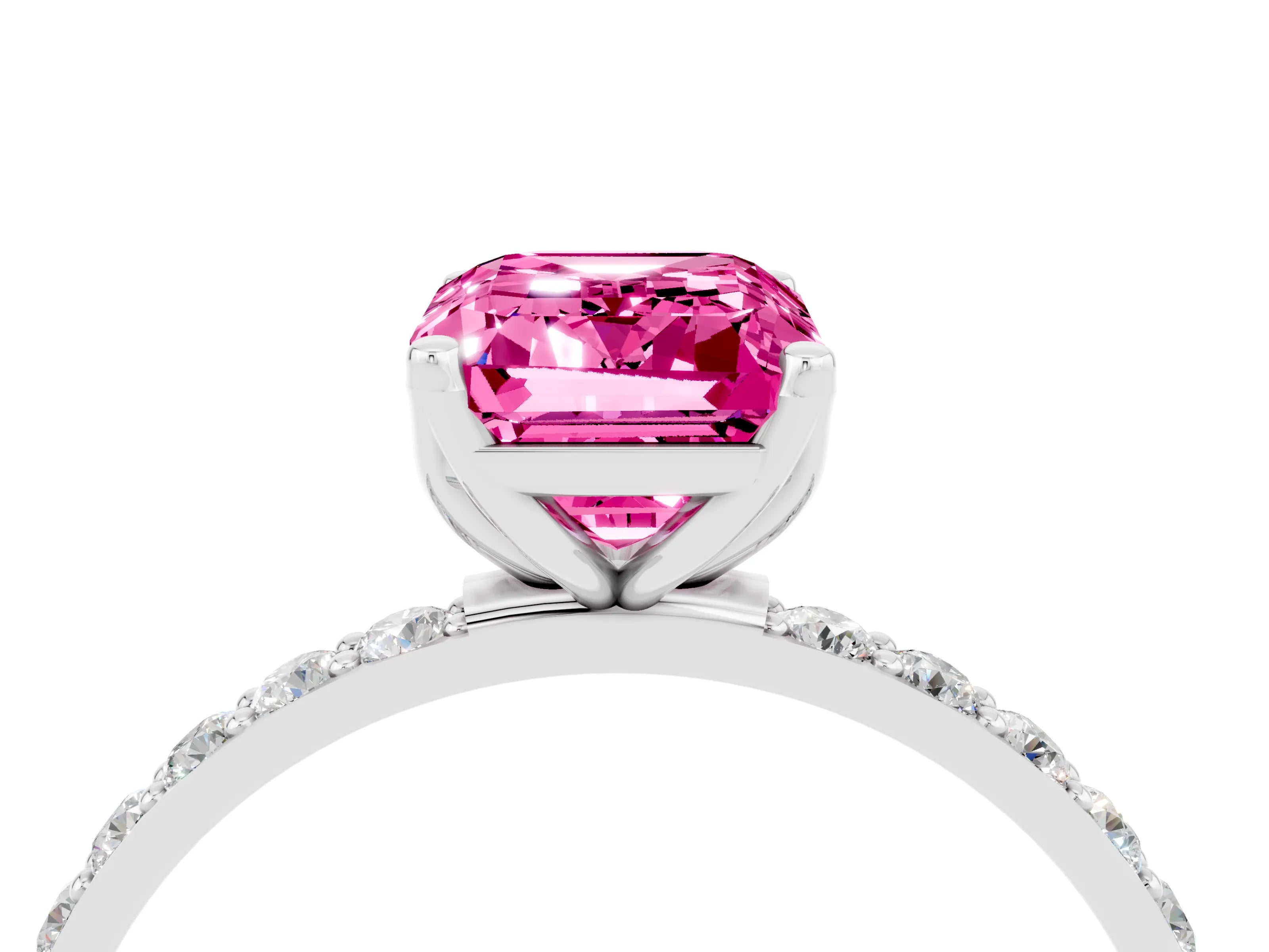 White gold Emerald Cut Pink Sapphire Solitaire Engagement Ring with Pavé Band and Prong Setting_4