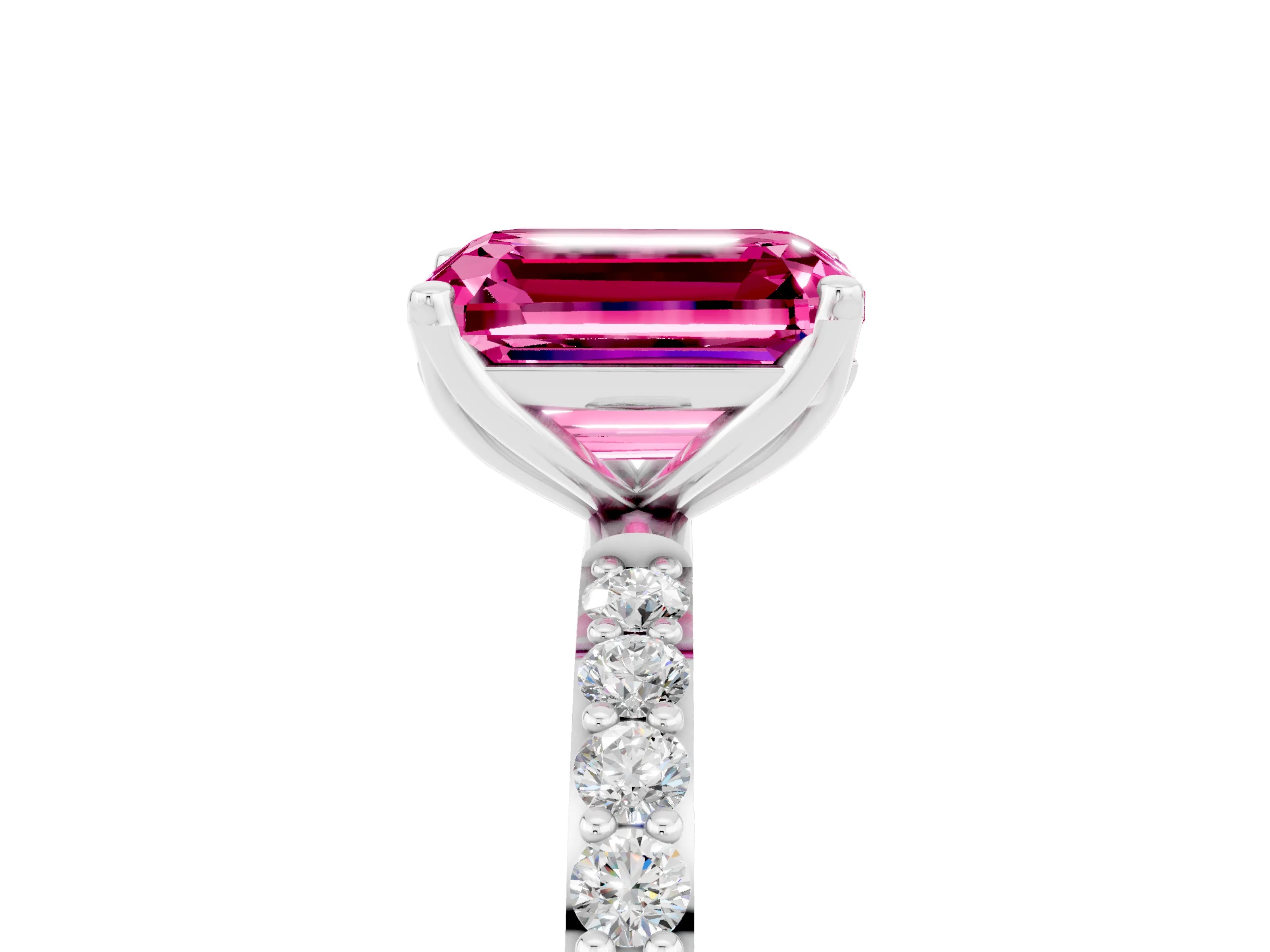 White gold Emerald Cut Pink Sapphire Solitaire Engagement Ring with Pavé Band and Prong Setting_5