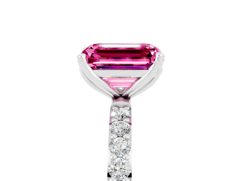 White gold Emerald Cut Pink Sapphire Solitaire Engagement Ring with Pavé Band and Prong Setting_5