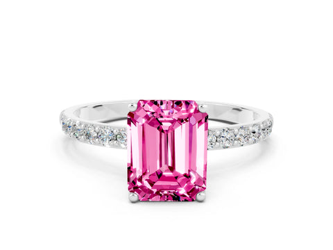 White gold Emerald Cut Pink Sapphire Solitaire Engagement Ring with Pavé Band and Prong Setting