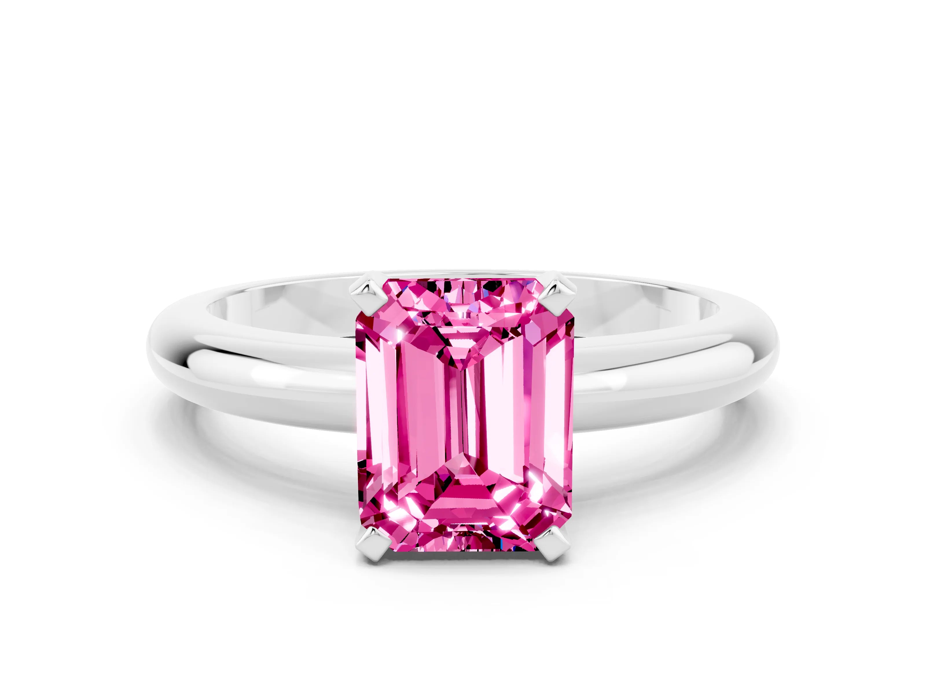 White gold Emerald Cut Pink Sapphire Solitaire Engagement Ring with Round Band and Four-Prong Setting_24