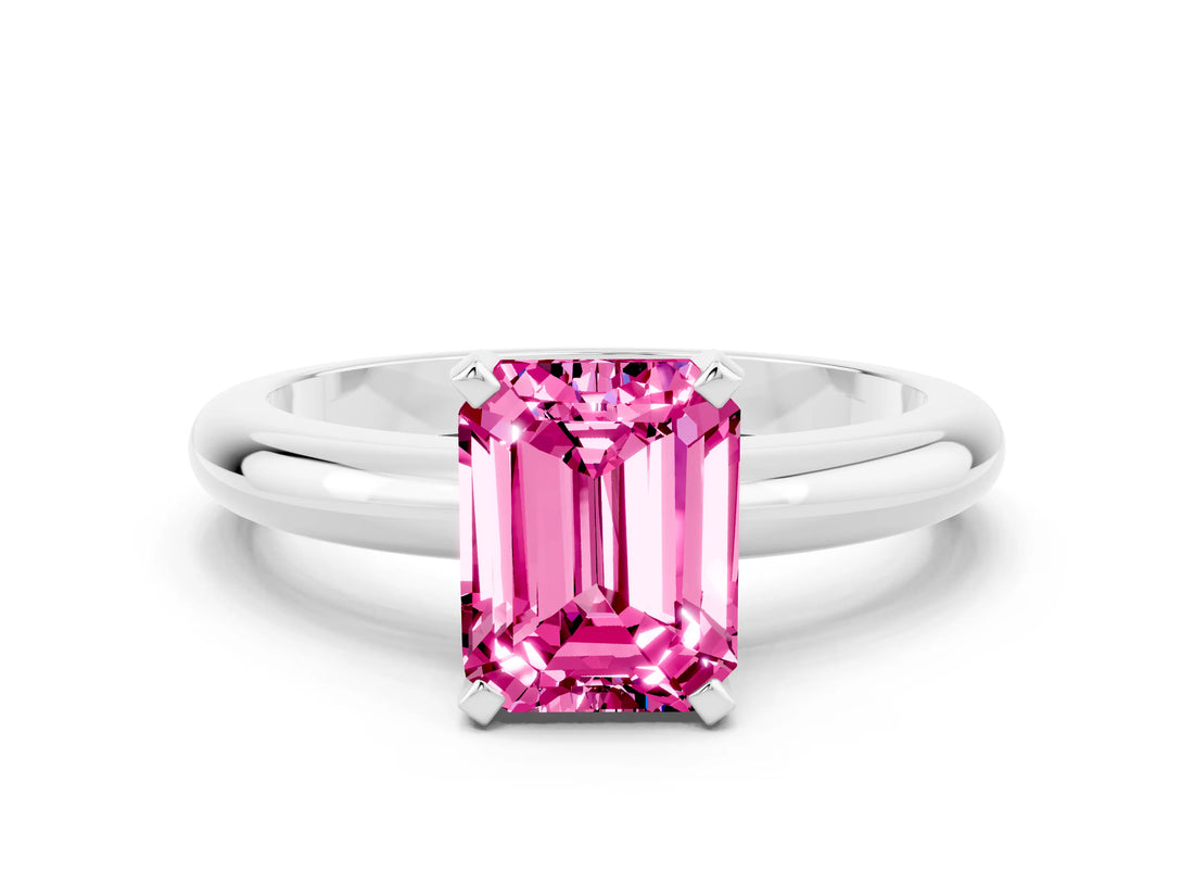 White gold Emerald Cut Pink Sapphire Solitaire Engagement Ring with Round Band and Four-Prong Setting_24