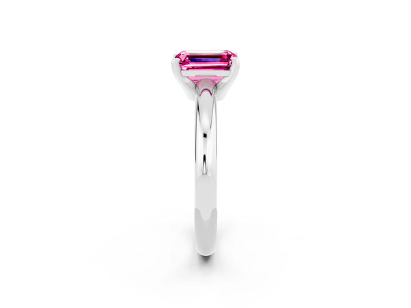 Platinum Emerald Cut Pink Sapphire Solitaire Engagement Ring with Round Band and Four-Prong Setting