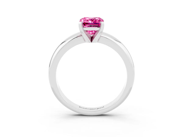 White gold Emerald Cut Pink Sapphire Solitaire Engagement Ring with Round Band and Four-Prong Setting
