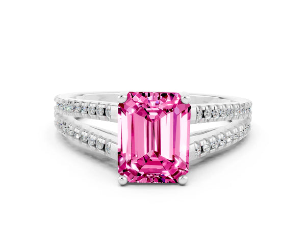 Platinum Emerald Cut Pink Sapphire Solitaire Engagement Ring with Split Shank Pavé Band