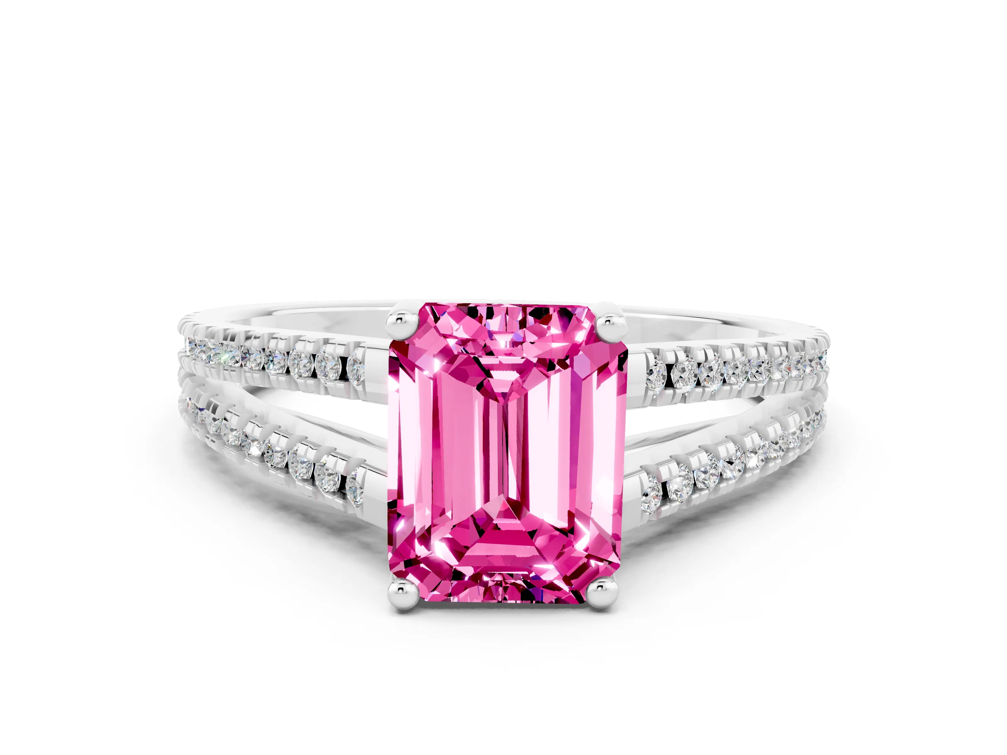 White gold Emerald Cut Pink Sapphire Solitaire Engagement Ring with Split Shank Pavé Band_12
